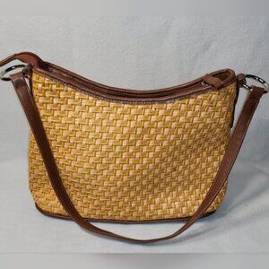 Vintage Light Beige Woven Rattan Shoulder‎ Bag with Brown Strap